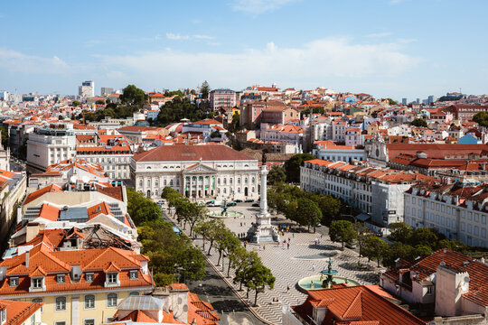 Elevated view of Rossio square and city, Lisbon, Portugal