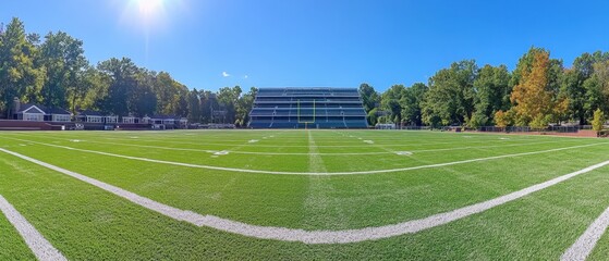 Vibrant Green Football Field Under a Clear Blue Sky with Stadium Seating and Lush Greenery on a Sunny Day
