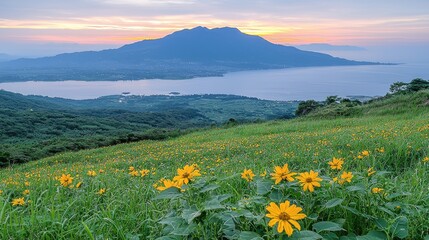 Fototapeta premium Meadow blooms facing mountain, lake panorama under colorful sky at sunset in highland scenery