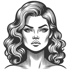woman with an intense, skeptical look with disgust and disdain, dressed in mid-century fashion sketch engraving generative ai fictional character vector illustration. Scratch board. Black and white.