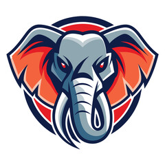 A stylized illustration of an elephant head with large ears, a long trunk, and red, blue, and gray colors.