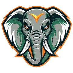 Obraz premium A digitally illustrated mascot head of an angry elephant with green, orange, and white colors, featuring a forward-facing perspective and sharp, detailed features.