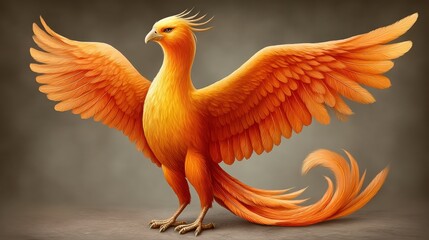 Fototapeta premium A vibrant, mythical phoenix with fiery orange feathers, spread wings, and an imposing stance, symbolizing rebirth and transformation.