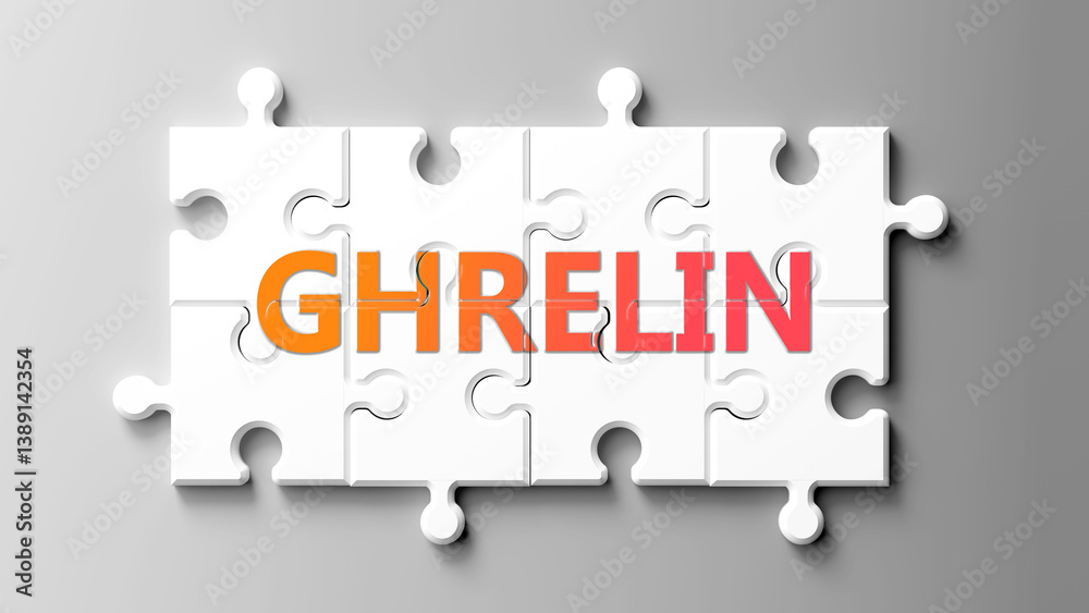 Poster ghrelin complex like a puzzle - pictured as word ghrelin on a puzzle pieces to show that ghrelin is 