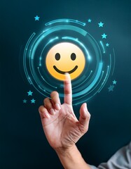 Customer Satisfaction and User Experience Concept – Hand Selecting Happy Face Emoji for Positive Feedback and Review Rating, Quality Service and Client Support Symbol
