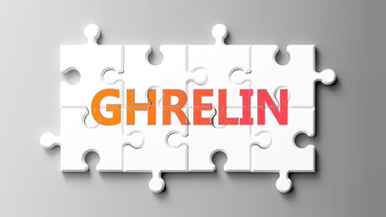 Ghrelin complex like a puzzle - pictured as word ghrelin on a puzzle pieces to show that ghrelin is complex and needs cooperating pieces that fit together. ,3d illustration