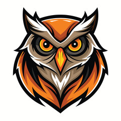 Fototapeta premium A cartoon illustration of an owls head with orange and brown feathers and yellow eyes.