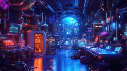 Obraz premium A glowing hospital research lab surrounded by enchanted biomes and fantasy landscapes