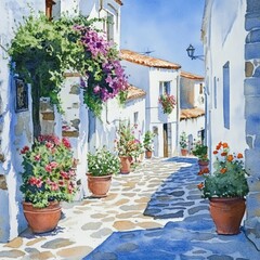 Naklejka premium A watercolor painting depicting a sunny village street scene with flowers