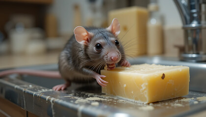 Ugly rat chewing cheese in kitchen close-up image domestic setting intriguing perspective