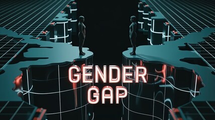 Conceptual Gender Gap: A thought-provoking conceptual representation of the gender gap, two silhouetted figures stand on opposite sides of a divided world, neon text in the center.