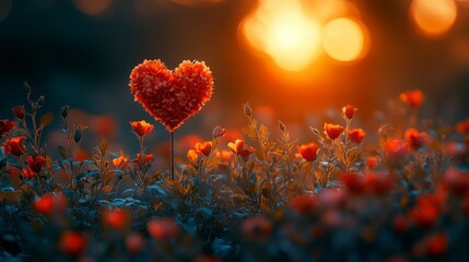 Heart-shaped floral arrangement amid poppies, against blurred golden lights