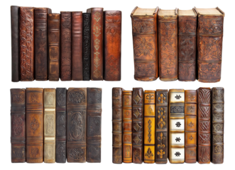 Set of vintage embossed leather books standing upright, isolated on transparent cutout background