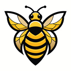 A cartoon illustration of a yellow and black bee with its wings spread open, set against a white background.