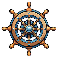 An illustration of a wooden ship steering wheel with eight spokes and a blue rim.