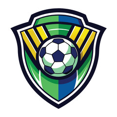 Obraz premium A colorful shield logo featuring a soccer ball with green and blue accents.