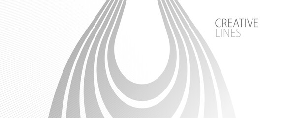 Lines in perspective vector abstract background in light grey and white monochrome, 3D dimensional stripes with smooth gradient and wavy motion.