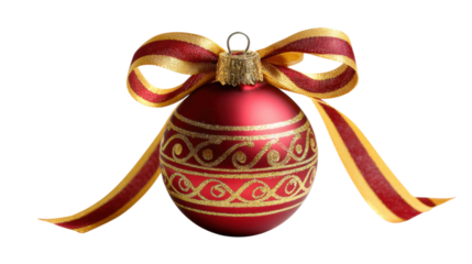 isolated transparent Background. Red and gold Christmas ornament ball with ribbon, perfect for festive decorations