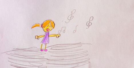 Girl singing drawn by child using pencils
