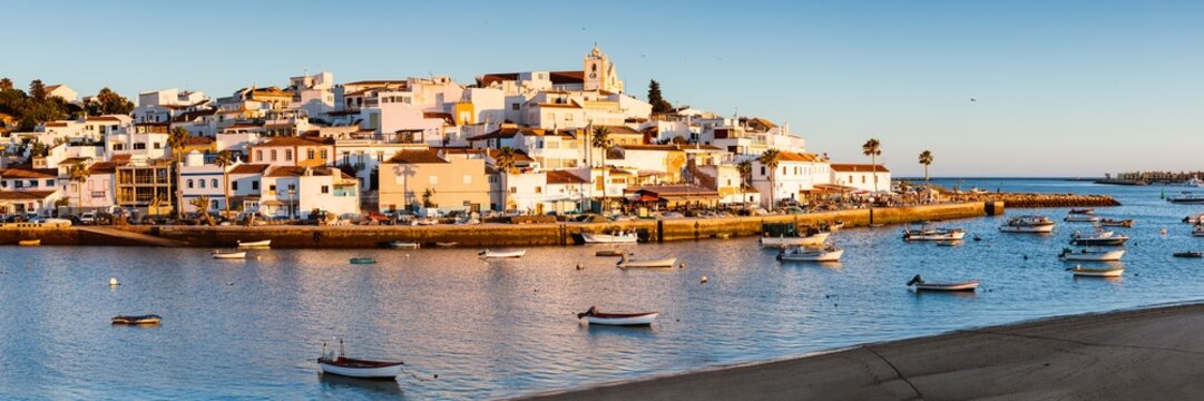 Panoramic of Ferragudo town at sunset, Algarve, Portugal