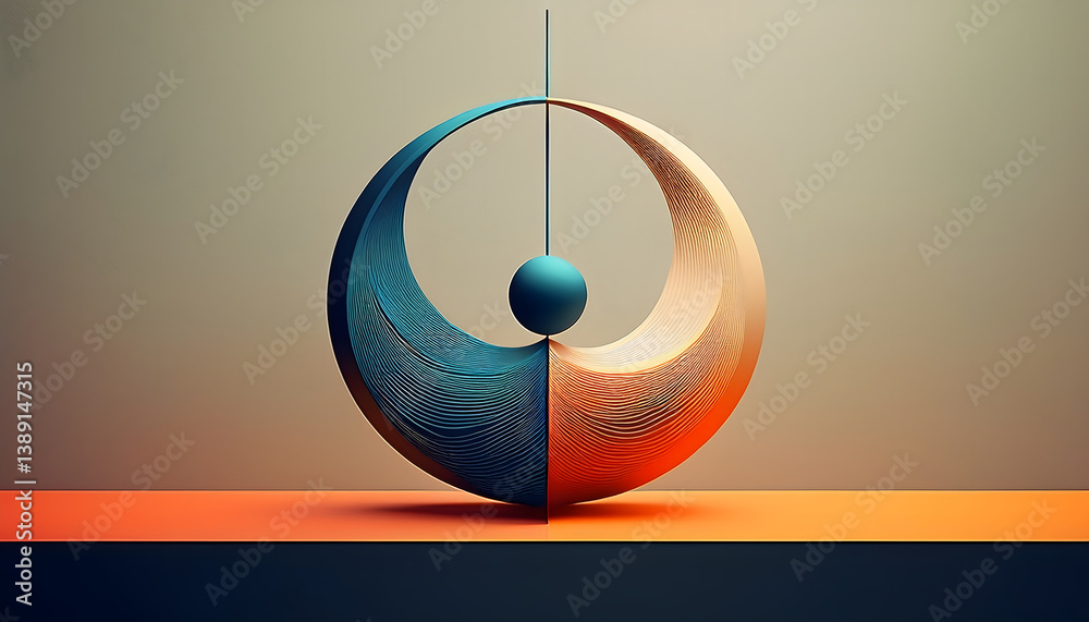 Poster abstract sculpture featuring circular forms and a central sphere, set against a gradient background 