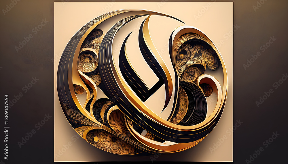Poster Abstract circular design featuring flowing lines and intricate patterns in black, white, and gold tones