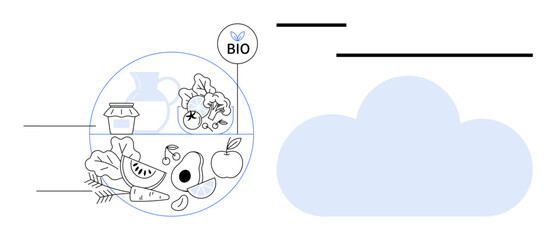 Fresh fruits, vegetables, and jar grouped under a bio tag and floating next to a cloud. Ideal for sustainability, organic farming, health, environment, nutrition eco-living branding. Flat simple