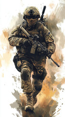 A digital illustration of a soldier in camouflage gear running forward with a rifle in hand against a neutral, painterly backdrop.