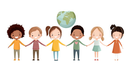 Fototapeta premium isolated transparent Background. Diverse children holding hands around globe, symbolizing unity and friendship