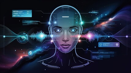 Cybernetic Intelligence: A mesmerizing portrayal of a female android, her visage framed by pulsating digital interfaces, embodying the fusion of human form and advanced technology.