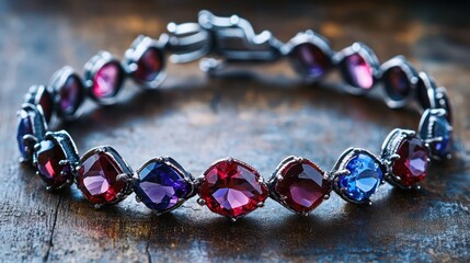 Colorful gemstone bracelet on wooden surface