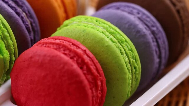 Multicolored macarons in a basket	