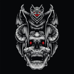 scary bat standing on skull illustration