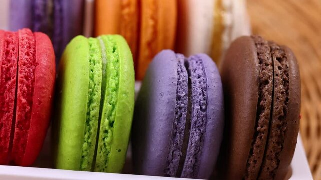 Multicolored macarons in a basket	