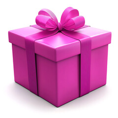 A vibrantly pink square gift box tied with a matching ribbon and bow sits isolated on a white surface.