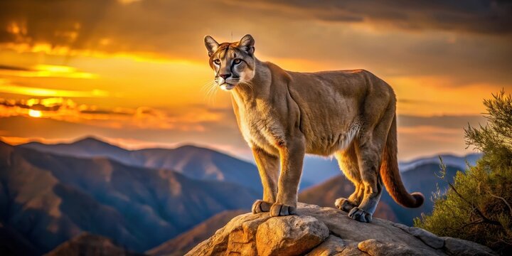 Majestic Cougar at Sunset, Perched on a Rocky Peak, Surveying the Expansive Mountain Range
