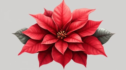 Fototapeta premium Bright red poinsettia flower with grey-green leaves and golden center