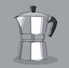 Illustration of a classic moka coffee pot with a grunge texture on a gray background. A vintage-style design ideal for coffee-themed decor or kitchen prints