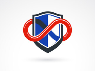 Shield with infinity symbol logo vector, ammo protection symbol, antivirus or sport theme, insurance or guarantee.