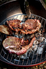 Homemade grilled steak on a grill pan. Fresh, delicious, juicy meat with copy space closeup