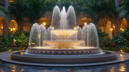 Luxurious indoor fountain in a tropical garden atrium