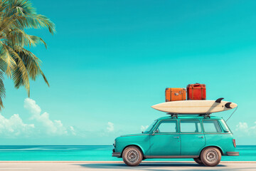 A vintage station wagon with suitcases and surfboard on top parked near tropical beachside road