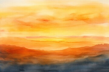 An abstract watercolor painting of a vibrant sunset landscape