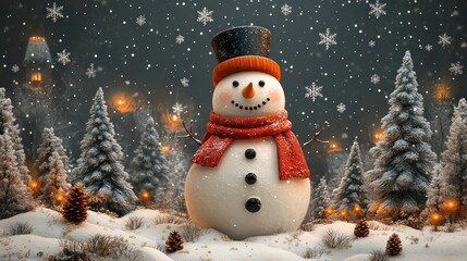 Fototapeta premium Festive snowman winter wonderland snowy night scene