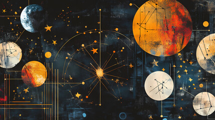 Abstract collage with celestial patterns, constellations, and vintage paper textures on a dark background. Fading Universe. Illustration