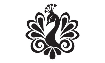 Black and white silhouette peacock vector illustration. illustration vector graphics of tribal art design peacock. Silhouette illustration of a peacock. logo, tattoo. watermark.