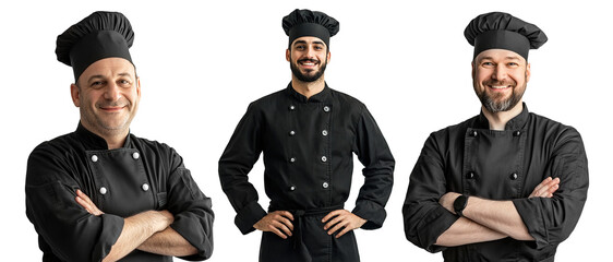 Set of smiling chefs in black uniforms and hats, isolated on transparent cutout background