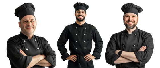 Set of smiling chefs in black uniforms and hats, isolated on transparent cutout background