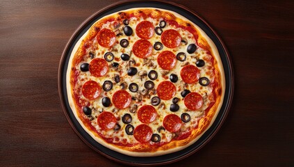 Delicious Pepperoni Pizza with Olives and Mushrooms on Dark Wood