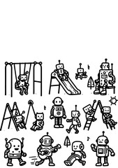 Robot Playground Fun. Coloring Book Page. Cartoon Illustration.